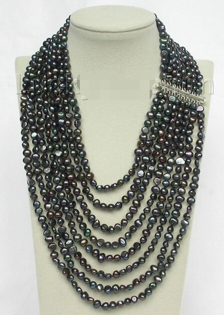 

DFFG78 AAA Beauty Hot sale Free Shipping>>>>>17"-24" 8row baroque Black pearls necklace 925 silver clasp