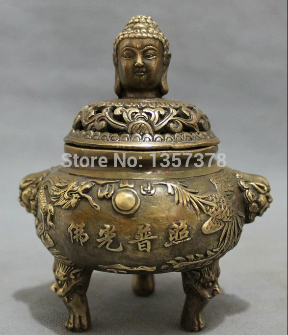 

shitou 00125 Tibet Bronze Dragon Phoenix Lion Shakyamuni Head Statue Incense Burner Censer discount 30% (C0324)