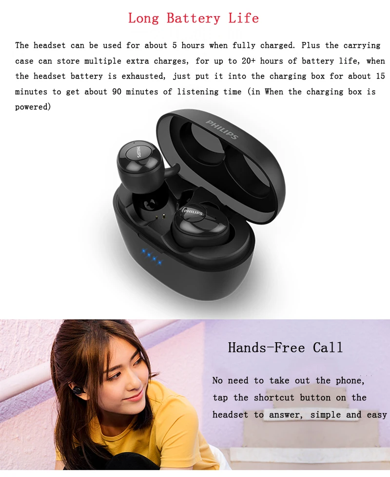 Original Philips SHB2505 Wireless Bluetooth Earphones 5.0 HIFI Fever Noise Reduction Stereo Headset with Portable Charging Box