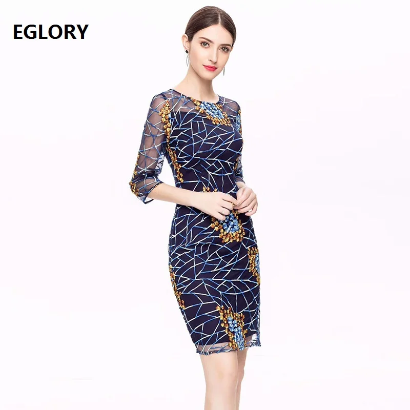

2018 Autumn Fashion Party Cocktail Lady Dresses Sexy Tulle Mesh Patchwork Three Quarter Sleeve Slim Fitted Dress Vestido Festa