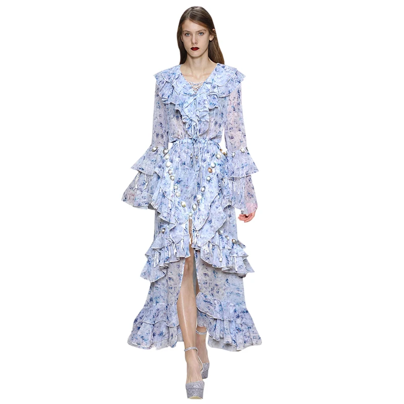 women luxury dress 2019 boho women clothing bling shell blue beach dress ruffles v neck long sleeve high low womans maxi dress