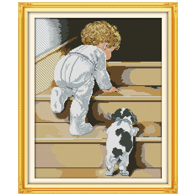 

Cheer Up Pattern Counted Cross Stitch 11CT 14CT Cross Stitch Sets Child and Dog Cross Stitch Kit for Embroidery Needlework