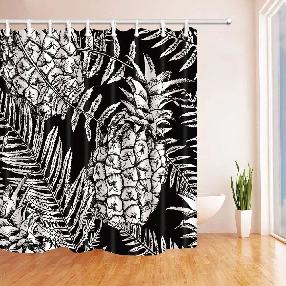 Black and White Pineapple Bath Curtain Polyester Fabric Waterproof Shower Curtains Hooks Included | Дом и сад