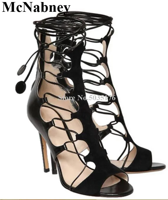 

Summer New European Cross-tied Hollow Peep Toe Black Boots Ankle Strap Stiletto Heel Mid-Calf Boots Zip Short Boots Women Shoes