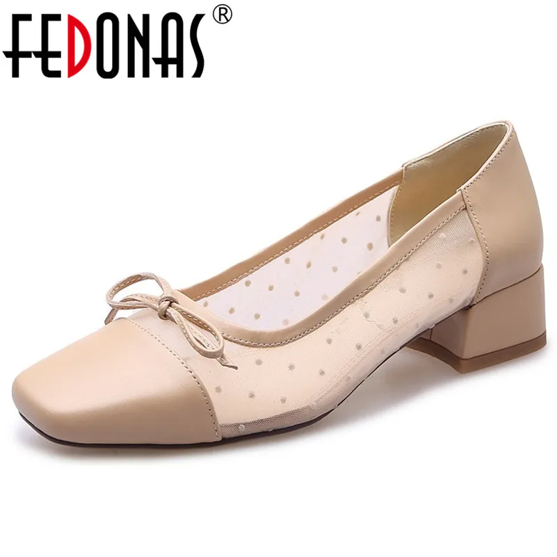 

FEDONAS Classic Square Toe Square Heels Basic Women Pumps Genuine Leather Breathable Mesh Summer Sandals Single Office Shoes