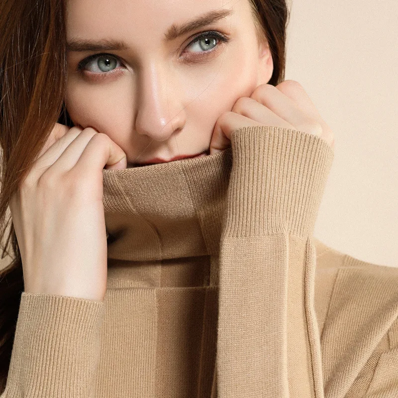 

New Arrival 100% pure Cashmere women wide striped Basic Knitted Turtleneck Sweater Female Solid Turtleneck Collar Pullovers Warm