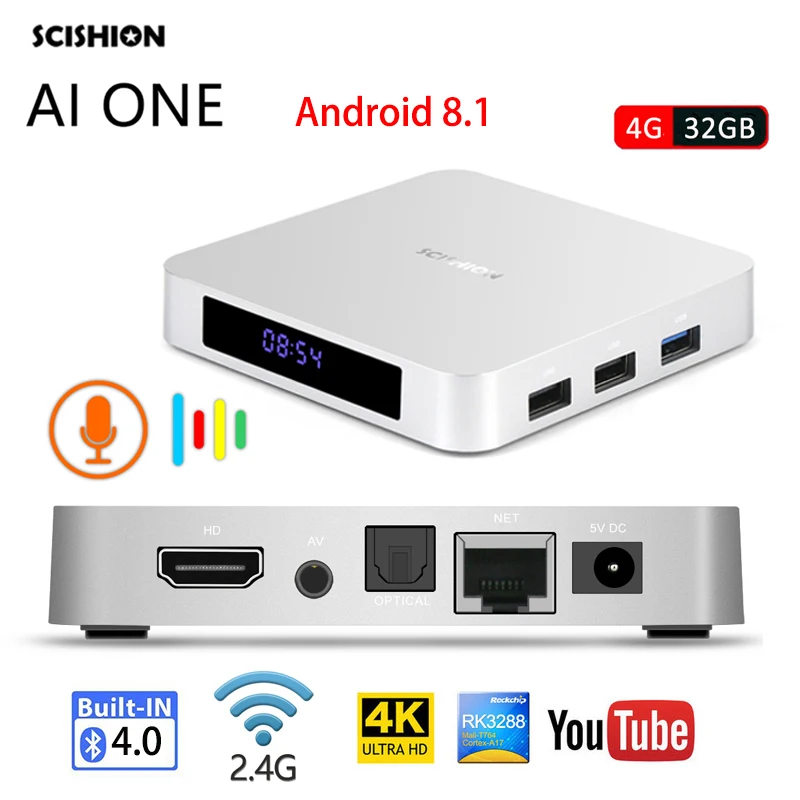 

SCISHION AI ONE Android TV Box android 8.1 RK3328 Quad Core 4K 2G/16G 3GB/32GB 2.4G WiFi BT4.0 4k Media Player+Voice Control