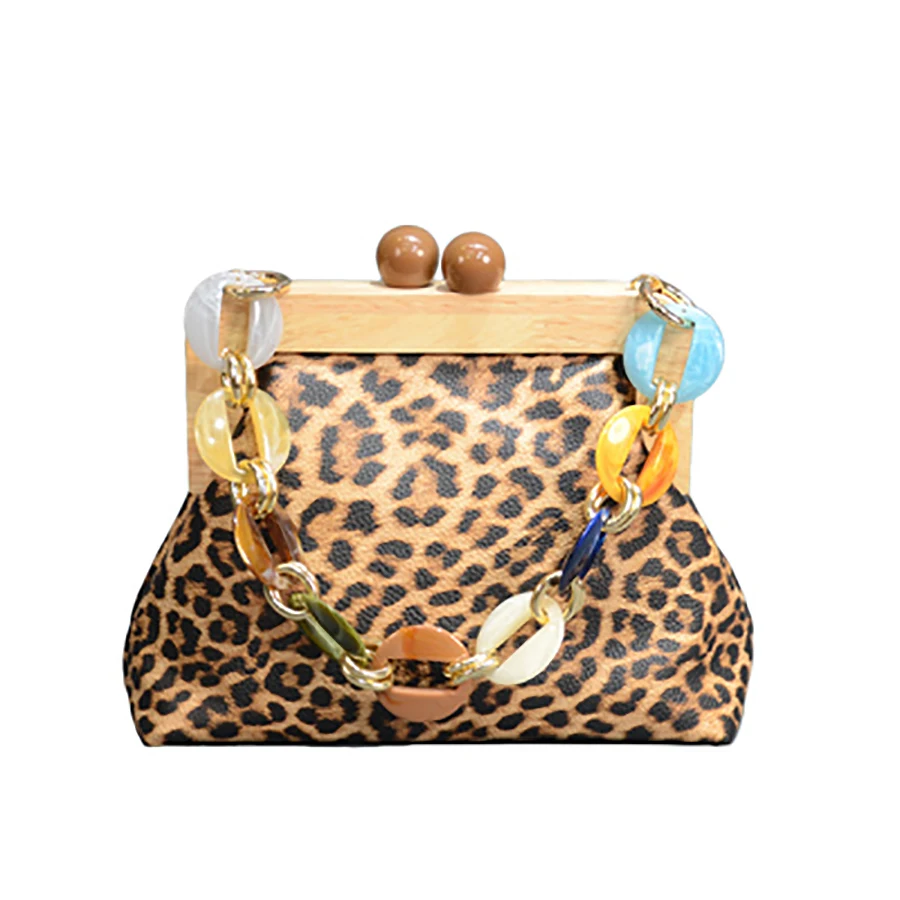 

Fashion Leopard Clip Bag For Women Acrylic Chain Ladies Shoulder Bags Wooden Clip PU Leather Handbag Personality Crossbody Bags
