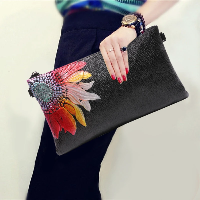 

National Style Sunflower Pattern Clutch Wallet Soft Genuine Leather Zipper Chain Envelope Crossbody Shoulder Bags Fashion Purse