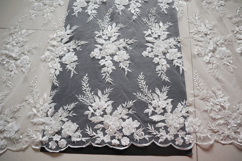 

off white 3D flowers sequins and beads lace fabric, ivory 3D beaded mesh embroidered lace fabric with 3D florals