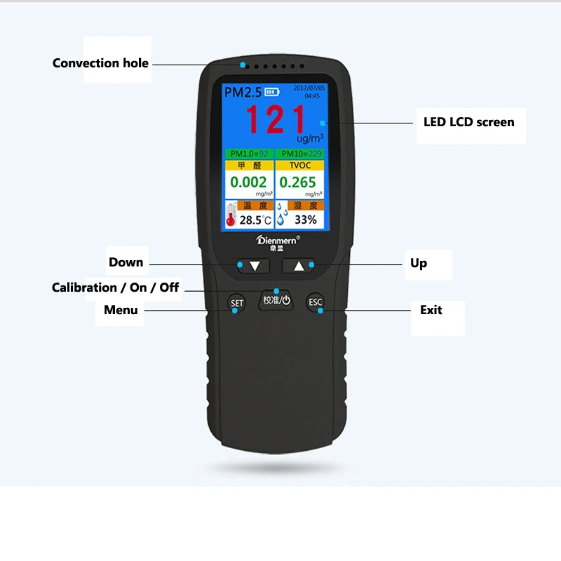 Лазерный детектор качества воздуха 8 в 1 с английским меню TVOC HCHO PM2.5 тумана