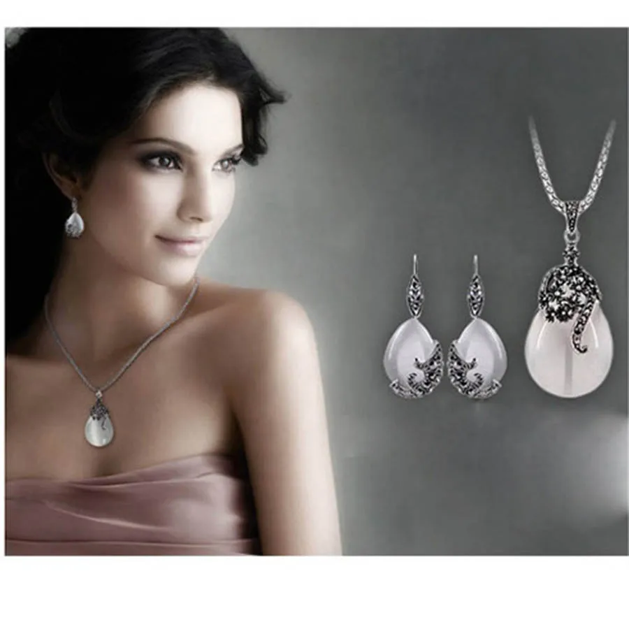 

Fashion Jewelry Set Opal 925 silver Pattern Necklace Earrings Per Set suit Drop Crystal Necklace Earring Jewelry Set For Party