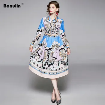 

Banulin Runway Autumn Long Sleeve Midi Shirt Dress Women's Vintage Floral Print Female Fall Knee Length Dresses Vestdios