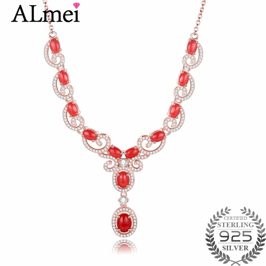

Almei 12pcs Red Beads 0.6ct Coral Lucky Clouds 925 Sterling Silver Rose Gold Color Jewelry Statement Necklace Free Box 40% FN094
