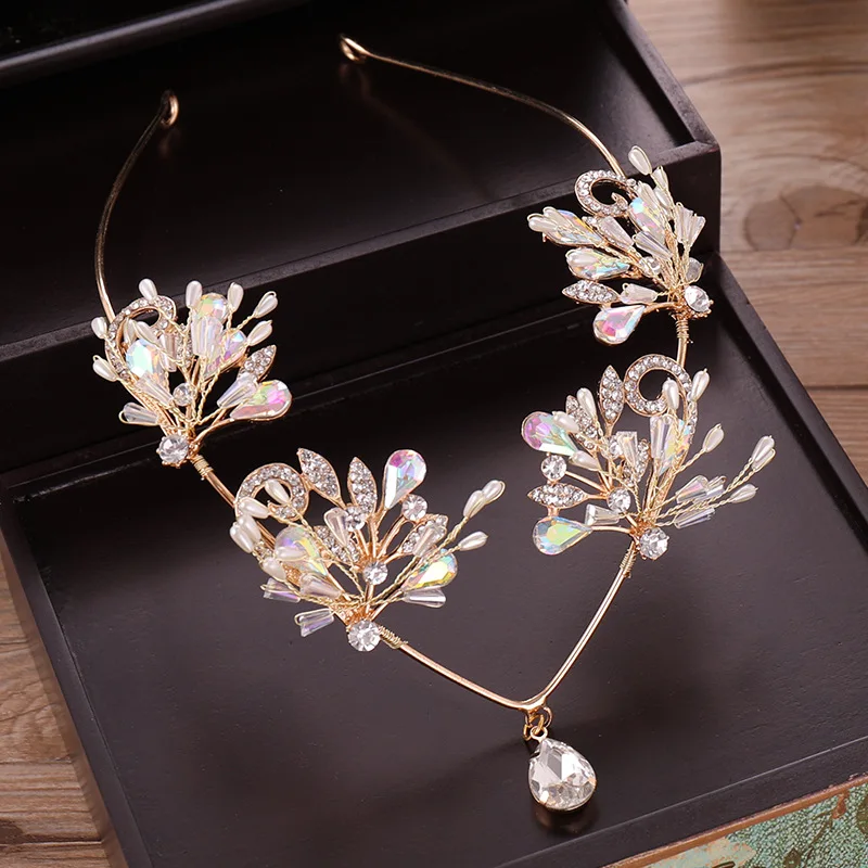 

KMVEXO Gold AB Crystal Bridal Hair Jewelry Accessory Wedding Rhinestone Colorful Flower Frontlet Tiara Crown Headband Bridesmaid
