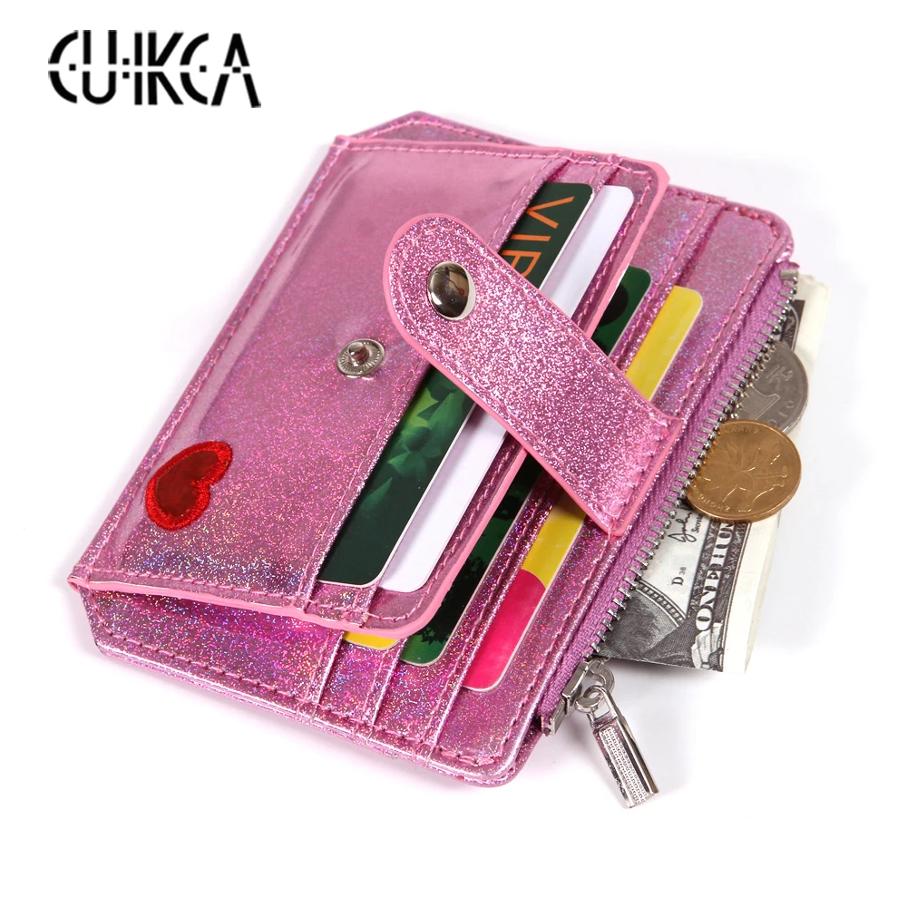 

CUIKCA Women Wallet Embroidery Heart Shine Glitter Leather Slim Wallet Candy Color Zipper Coin Purse Hasp ID Credit Card Holder