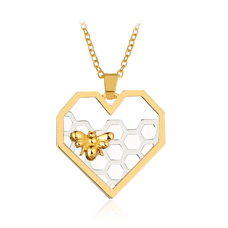 

Heart shape Cute golden Bee Hollow Silver Honeycomb Pendant necklace Women's Party Elegant Accessories Mother's Day gift