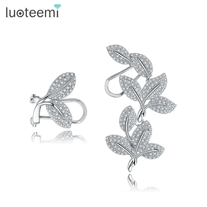 LUOTEEMI New Korean Style Luxury Vintage Bijoux Flower Asymmetry Brincos CZ Crystal Cuff Earrings for Women Girl Party Jewelry