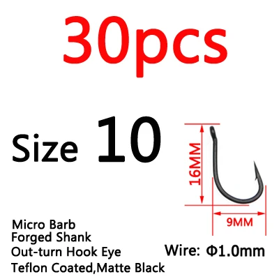ICERIO 30 шт./упак. матовый черный с тефлоновым покрытием Карп крючки Сильный Большой Карп барбел рыболовные крючки для Chod Rig установки волос - Цвет: Wn Size 10  30pcs