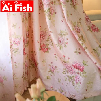 

Pastoral Romantic Pink Rose Print Floral Curtains For Living Room Blue Curtain Fabrics Translucidus Tulle MY080-30