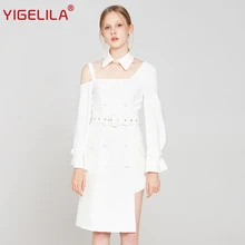 YIGELILA Модные женские белые вечерние платья осень Твердые поддельные шеи с расклешенными рукавами Империя Тонкий прямое длины до колена платье 64206