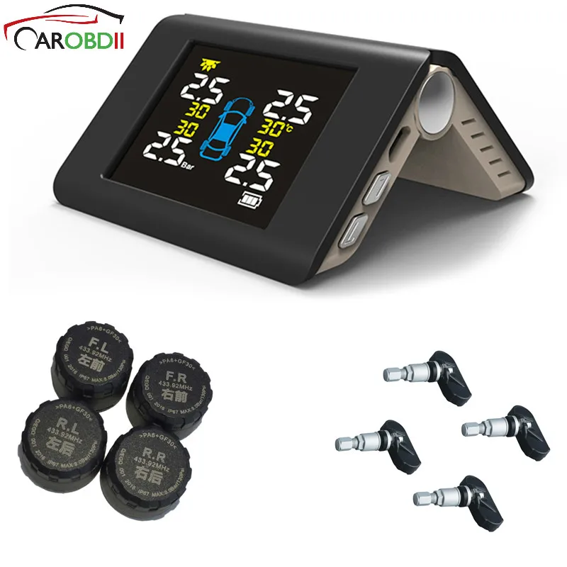 

Car TPMS Tire Pressure Monitoring System Solar Charging USB Wireless TFT Display Tyre pressure 4 External / Internal Sensors