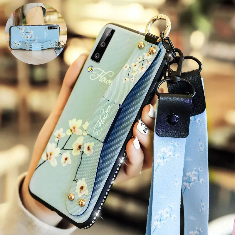

Flower Wrist Case For Samsung Galaxy A8 A7 A6 2018 S7 S8 S9 S10 Plus E Note 9 8 M30 20 10 A50 30 10 J4 J6 Plus Lanyard Cover