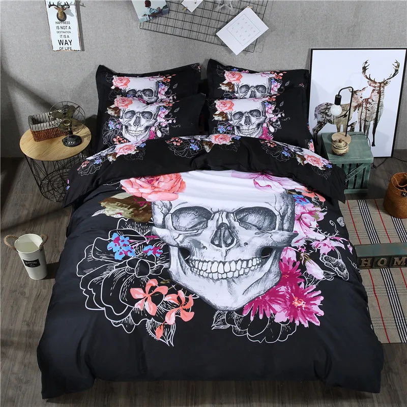 

3D Skull Bedding Set Black and White Duvet Cover Queen Size 3/4pcs Big Skull Bed Sheet Cotton Blend Soft Material Bed Cover
