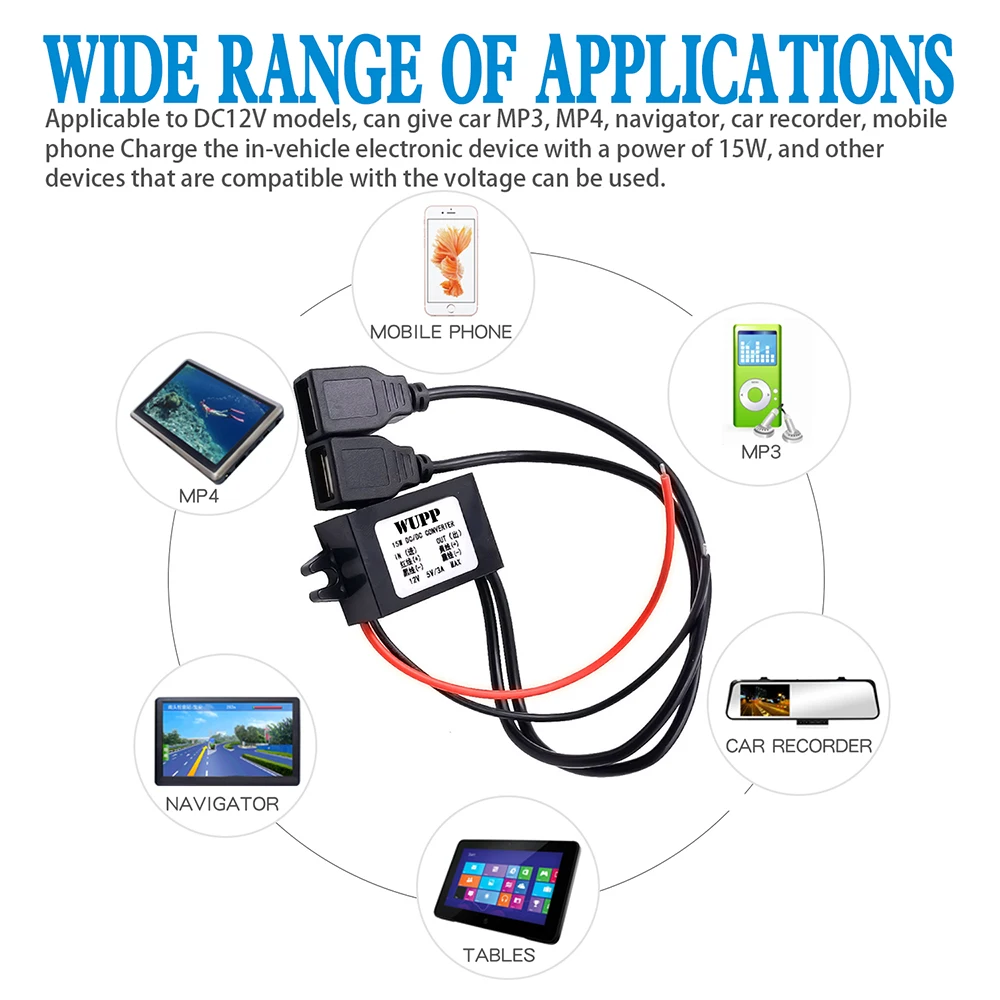 WUPP DC в DC 12 В до 5 В 3A автомобильный преобразователь питания Регулятор адаптер для видеокамеры навигации аудио автомобильный навигатор