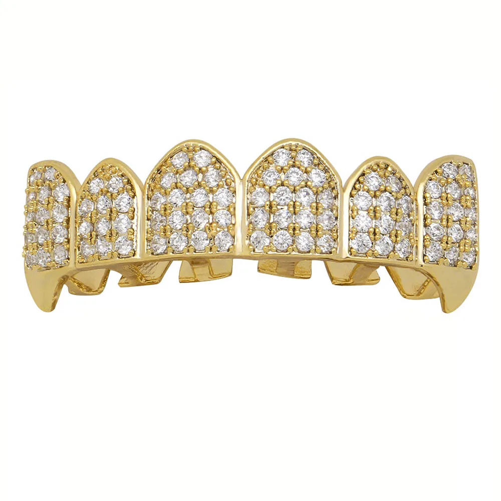 Хип-хоп зубные решетки золотого и серебристого цвета покрытые Iced out Grillz на заказ косплей имитация алмазных зубов колпачок сверху и снизу Grillz кепки - Цвет: Gold lower only