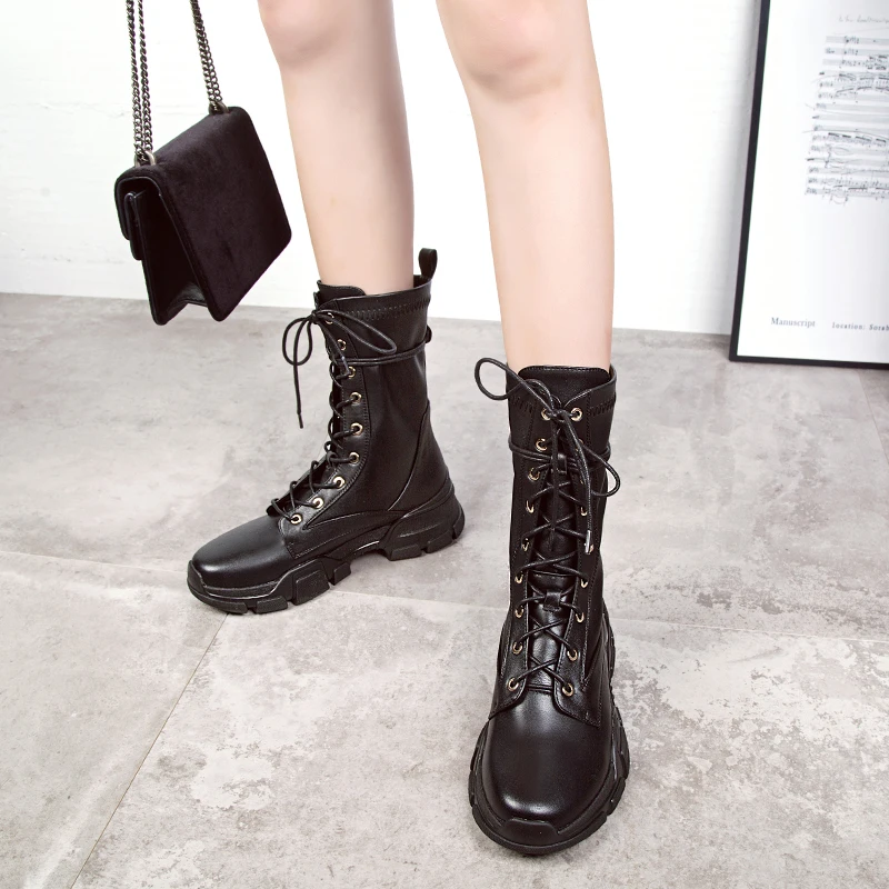 Calzado Mujeres Botas Oxford Martin Señoras Ternero Otoño Pu Negro Mediados Mujer Plataforma Nuevas De Tacones Encaje Zapatos Lluvia 2018 Las Cuero EqpUXX