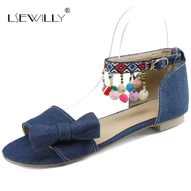 Lsewilly Newest 2018 Spring Summer Women Flat Sandals Ankle Strap Bowtie Shoes Women Peep Toe Buckle Sandals Big Size 32-48 S018