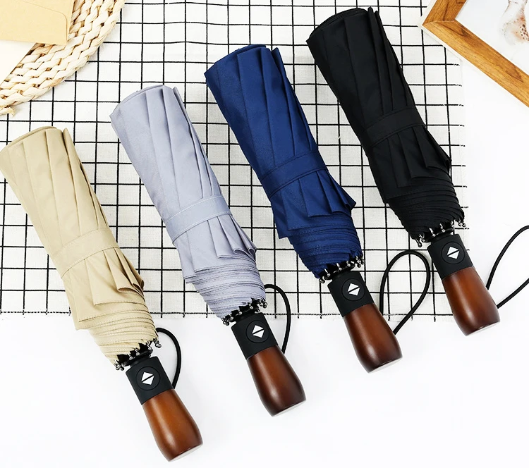 Горячая Распродажа, автоматический зонт с тремя складными 10 ребрами, с деревянной ручкой, деловой мужской зонт, Женский Зонт от дождя, ветрозащитные Зонты