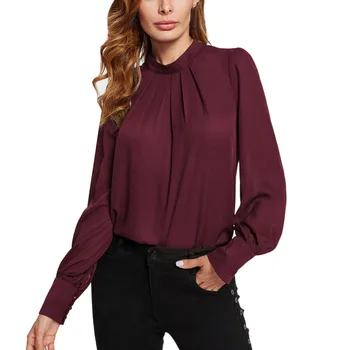 

chiffon blouse women long sleeve shirts femme tops blouse Elegant Temperament Collar Solid Color blusas mujer de moda