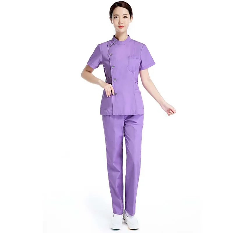 Женская медицинская униформа, скраб, набор одежды для больниц, тонкая, подходит для зубов, скрабы для салона красоты, униформа медсестры, регулируемый пояс, топ+ штаны - Цвет: light purle set