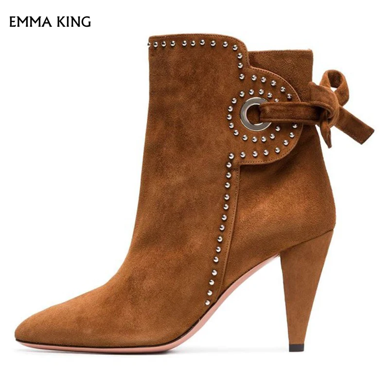 

Brown /Purple Cone Heels Suede Back Lace up Ankle Boots Plus Size Botas Mujer Cocktail & Party Shoes Woman Booties Free Shipping