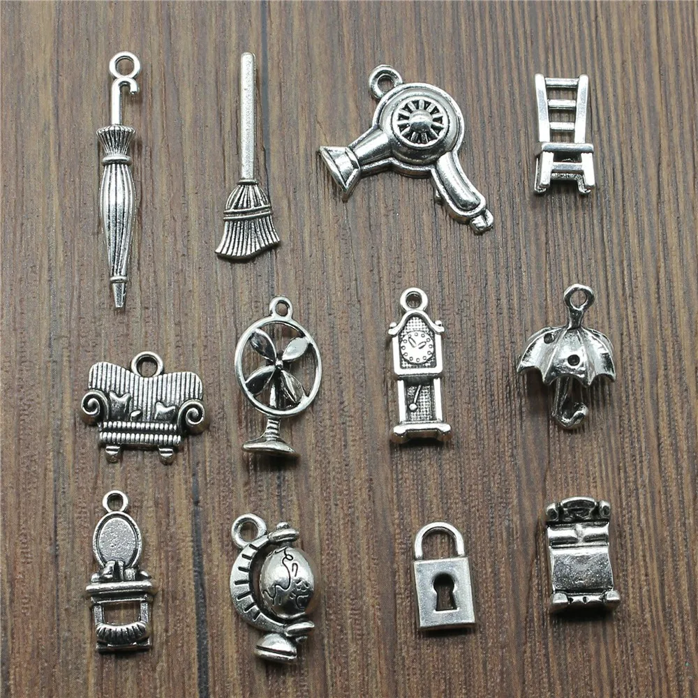 

Mix Daily Necessities Charm Umbrella Hair Dryer Broom Sofa Globe Pendants Jewelry Making Antique Silver Color Charm Charm