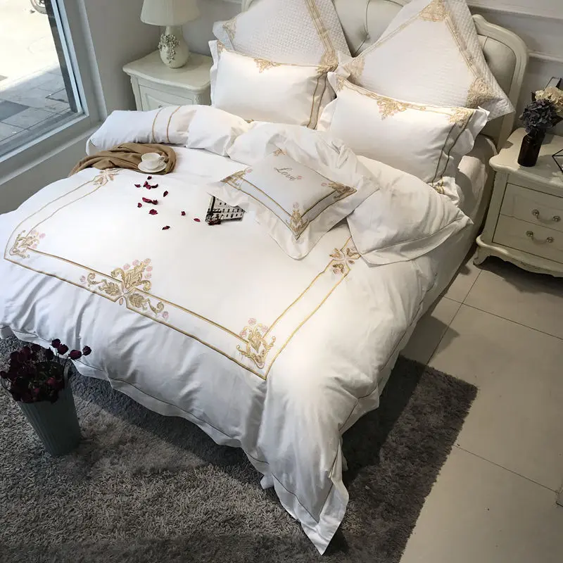 White with Gold Duvet Cover Egyptian Cotton Luxury Hotel Bed Set