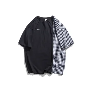 

2019 Spring And Summer New Chinese Style Men's Comfortable High Quality Stitching Lattice Creative Cotton Casual Loose T-shirt