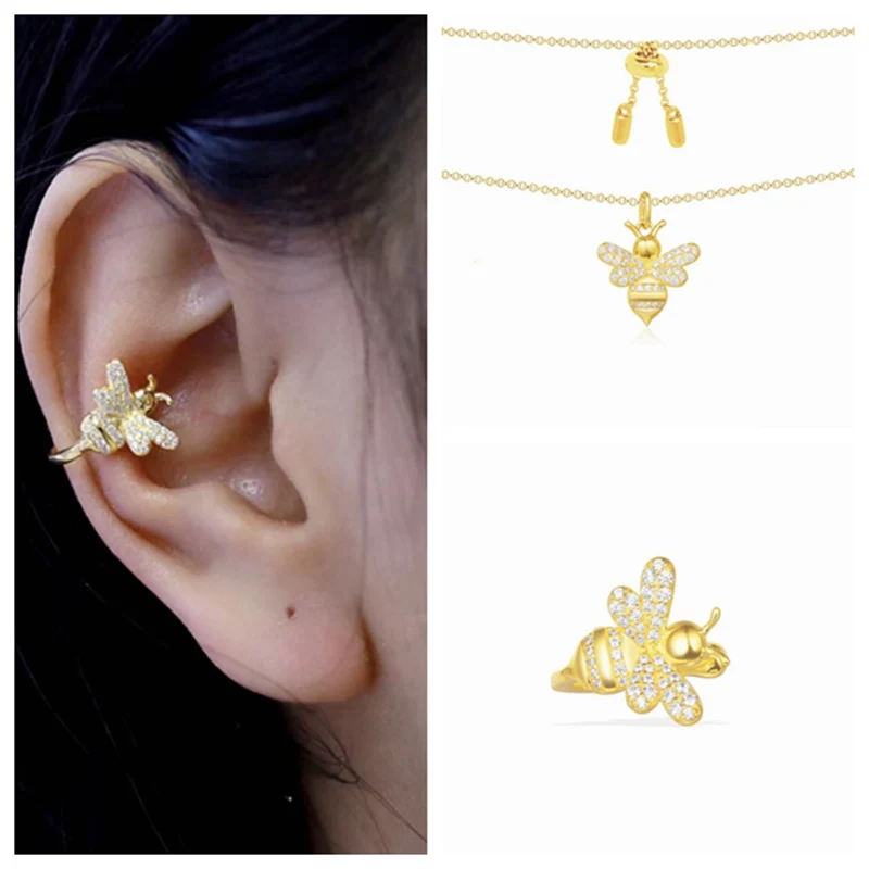 

Fashion Bee Animal Cuff Clip Earring Choker Necklace Jewelry Set 925 Sterling Silver Zircon Women Wedding Animal Jewelry Set