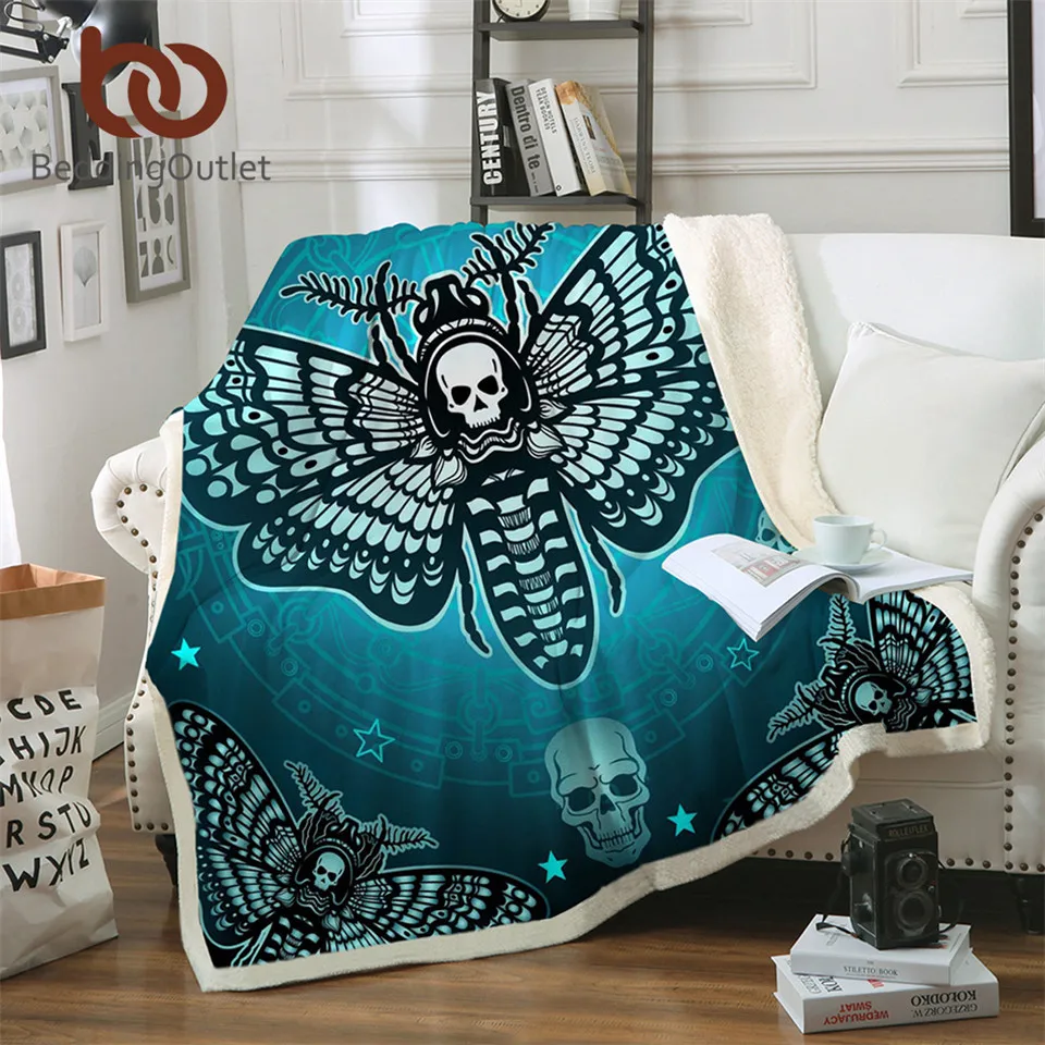 

BeddingOutlet Death Moth Sherpa Throw Blanket Gothic Skull Bedspread Butterfly Plush Sofa Blanket Blue Stars Home Textiles
