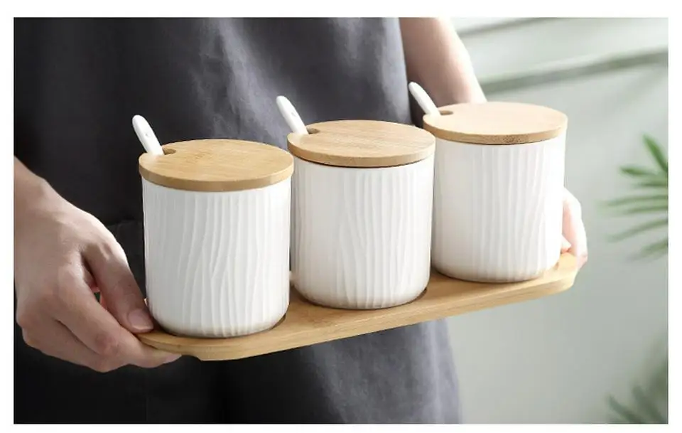 Керамическая банка для приправ с деревянной крышкой и ложкой, практичный набор кухонных принадлежностей в скандинавском стиле, комбинированный контейнер для хранения приправ