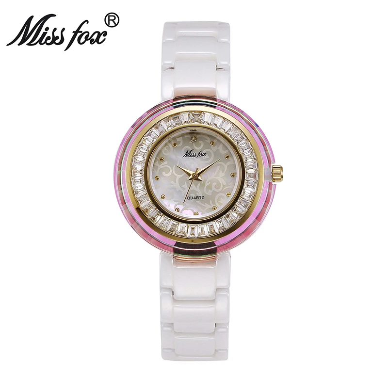 

MISSFOX Ceramic Watch Women Famous Brand Austria Crystal Rhinestone Quartz-watch Pearl Shell Flower Dial Womens Designer Watch