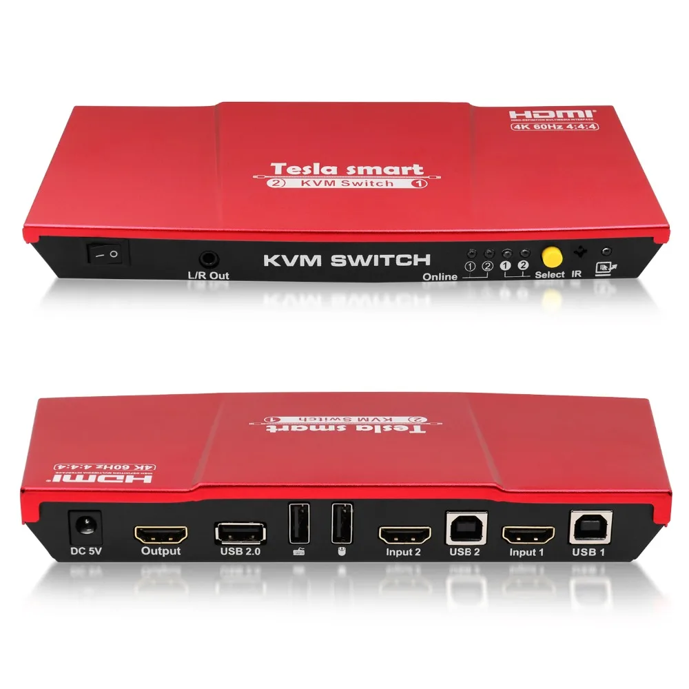 Tesla smart High Quality HDMI 4K@60Hz HDMI KVM Switch 2 Port USB KVM HDMI Switch Support 3840*2160/4K*2K Extra USB2.0 Port Red