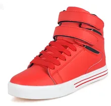 High Tops Men Shoes Mens Casual Shoes White Red Black Lace Up Student PU Leather Boots Hook & Loop Board Shoes Red White