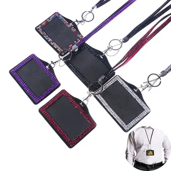 

1 Pcs Creative Rhinestone Crystal Work Name Card Holders Unisex Business Work Card ID Badge Lanyard Holder Identity Badge Case