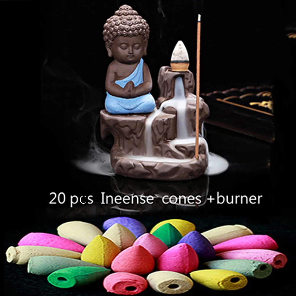

20Pc Incense Cones+Burner Creative Home Decor The Little Monk Small Buddha Censer Backflow Incense Burner Use In Home Teahouse