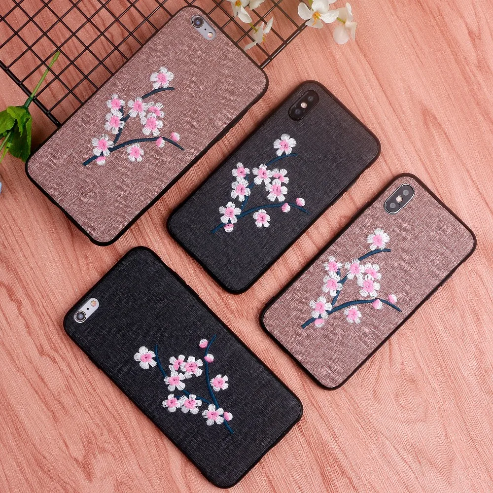 

For iphoneX Handmade Embroidery Case for iphone X Cover Capa Coque for iphone 8 8 plus 3D Plum blossom Case for iphone 7 6 plus