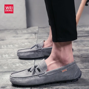

WeiDeng Suede Men Loafers Casual Genuine Leather Boat Shoe Mosscains Driver Solt Sole Rubber Slip On Fashion Flats Spring