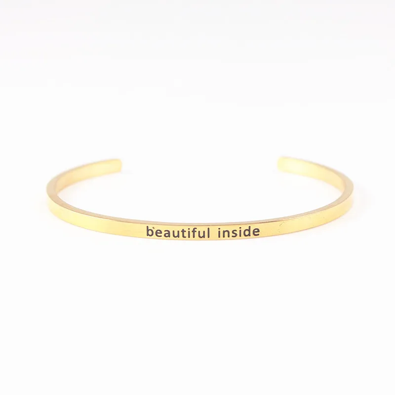 

"BEAUTIFUL INSIDE" 316l Stainless Steel Bar Engraved Positive Inspirational Quote Cuff Mantra Bracelet Bangle For Men Best Gifts